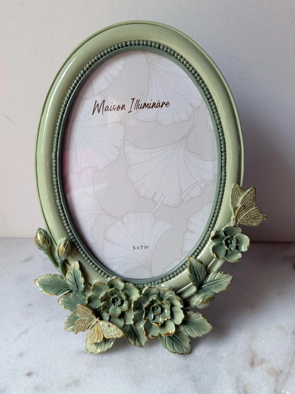 Sage Green Floral Oval Picture Frame with butterfly 5”x7” photo